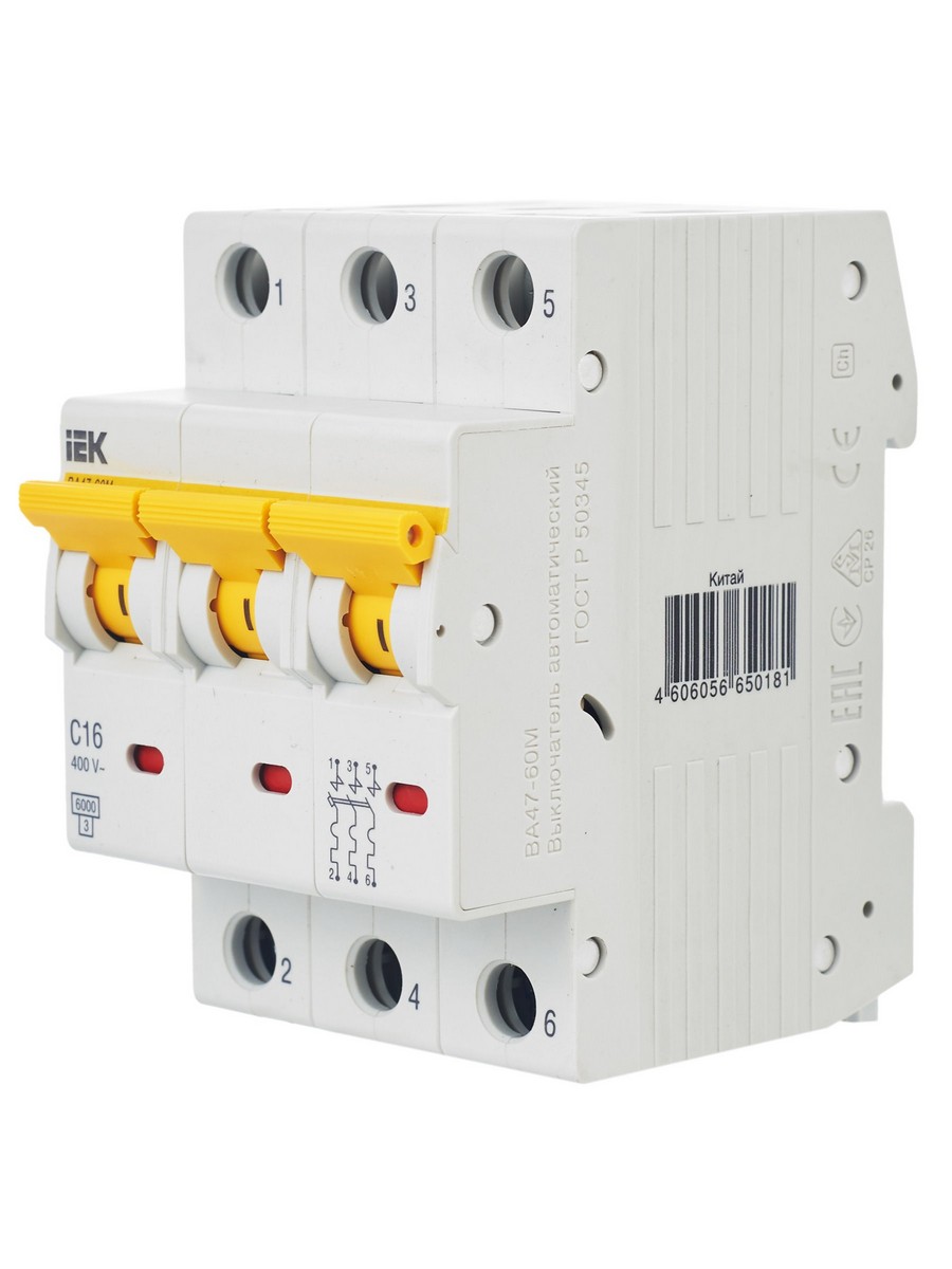 3 полюсные (трехполюсные) Автоматический выключатель IEK KARAT ВА47-60M 3Р 16А 6кА С MVA31-3-016-C 