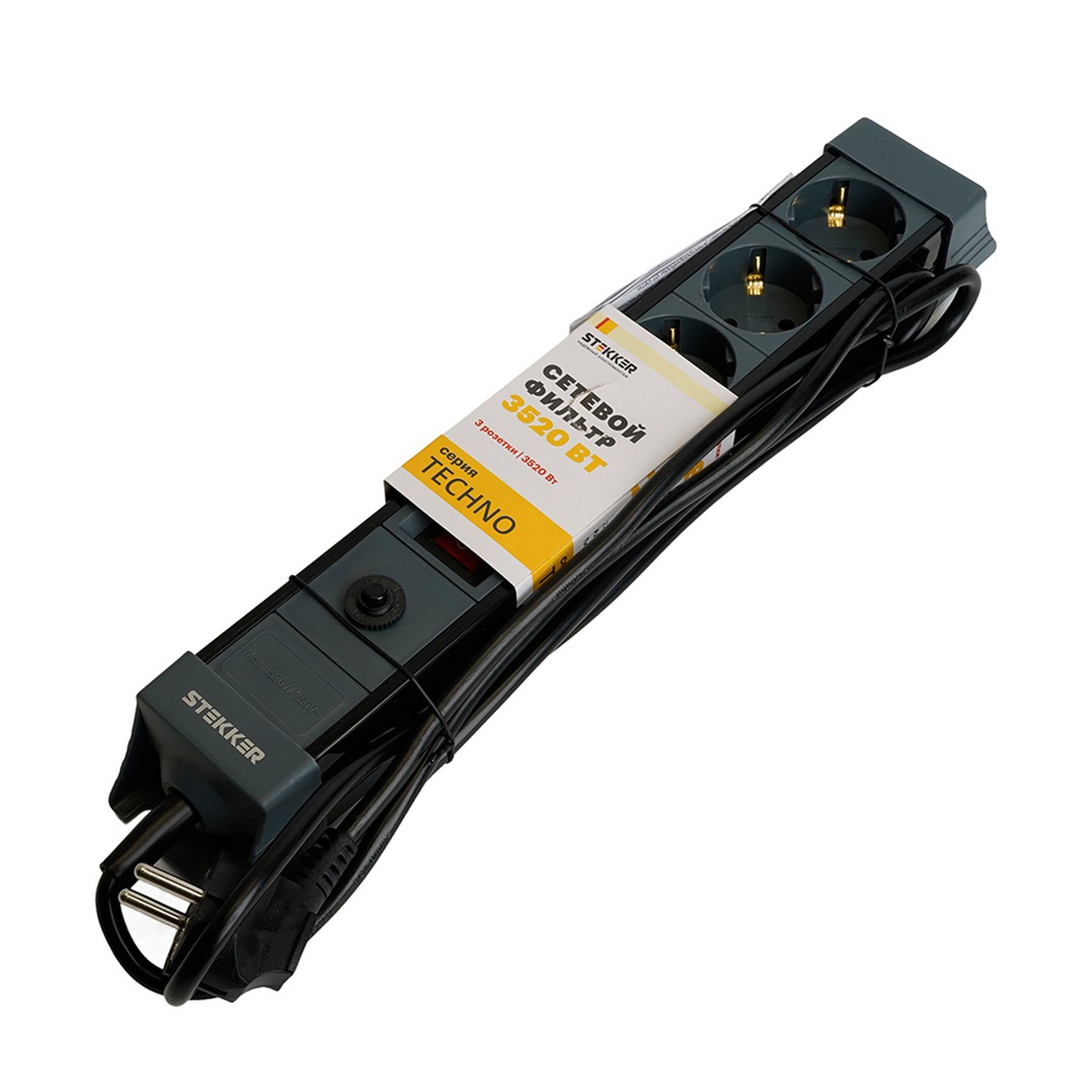 Колодки и удлинители, тройники Сетевой фильтр 3-местный с/з STEKKER HM22-31-03 3 м Techno черный 50154 