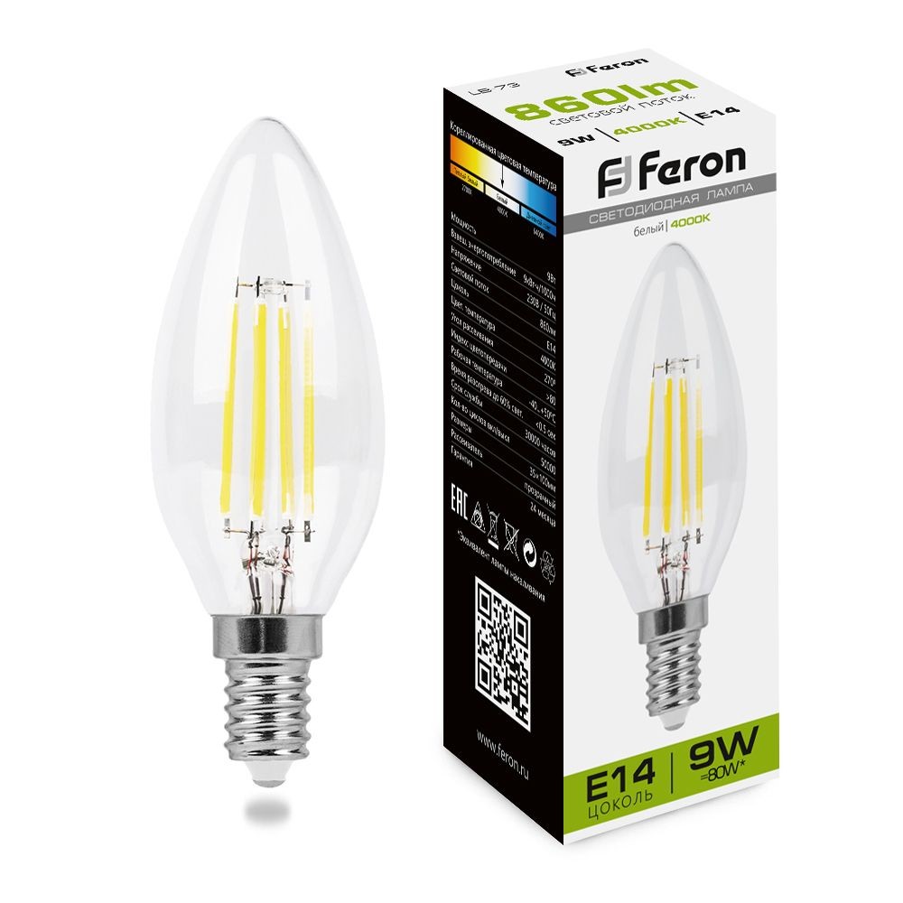E14 Лампа светодиодная Feron LB-73 Свеча E14 9W 4000K 25958 