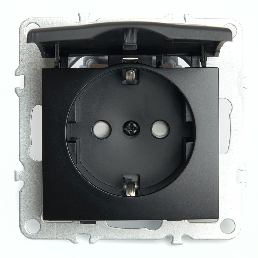 Эрна - Розетки и выключатели Stekker Розетка 1-местная с/з с крышкой STEKKER PST16-9112-03 16А с защ. шторкой Эрна черный 49156