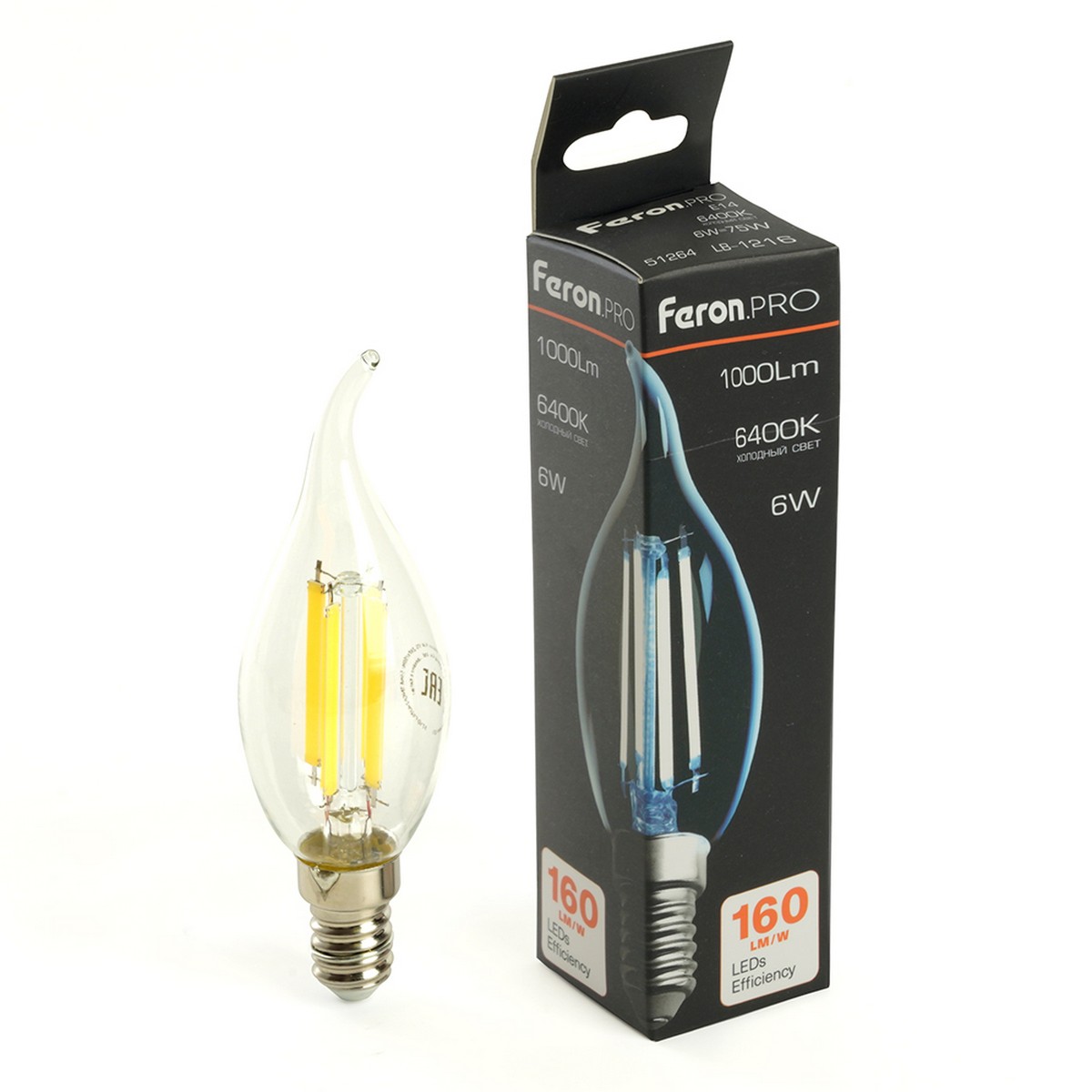 E14 Лампа светодиодная Feron.PRO LB-1216 Свеча на ветру E14 6W 175-265V 6400K 51264