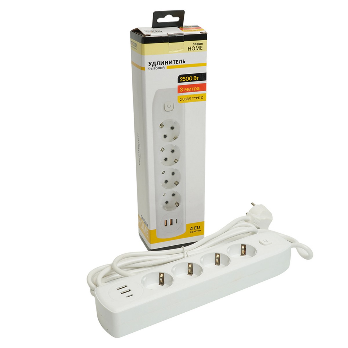Колодки и удлинители, тройники Удлинитель STEKKER HM08-43-02 4-местный c/з 3x1 мм2 3 м 2USB+1Type-C 2,4А Home белый 49978 