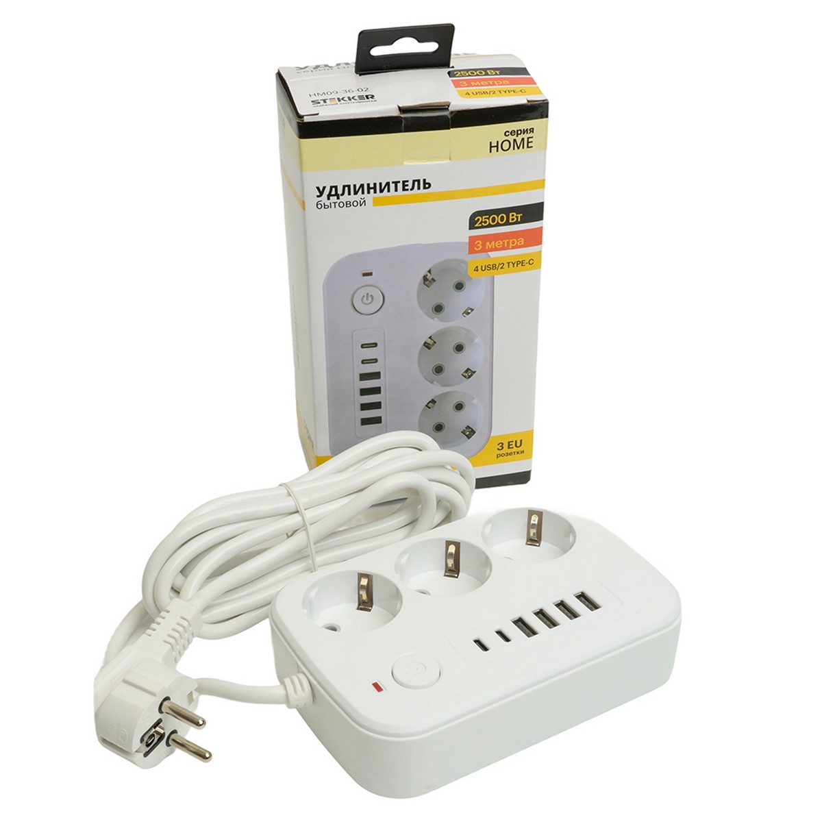 Колодки и удлинители, тройники Удлинитель STEKKER HM09-36-02 3-местный c/з 3x1 мм2 3 м 4USB+2Type-C 2,4А Home белый 49979 