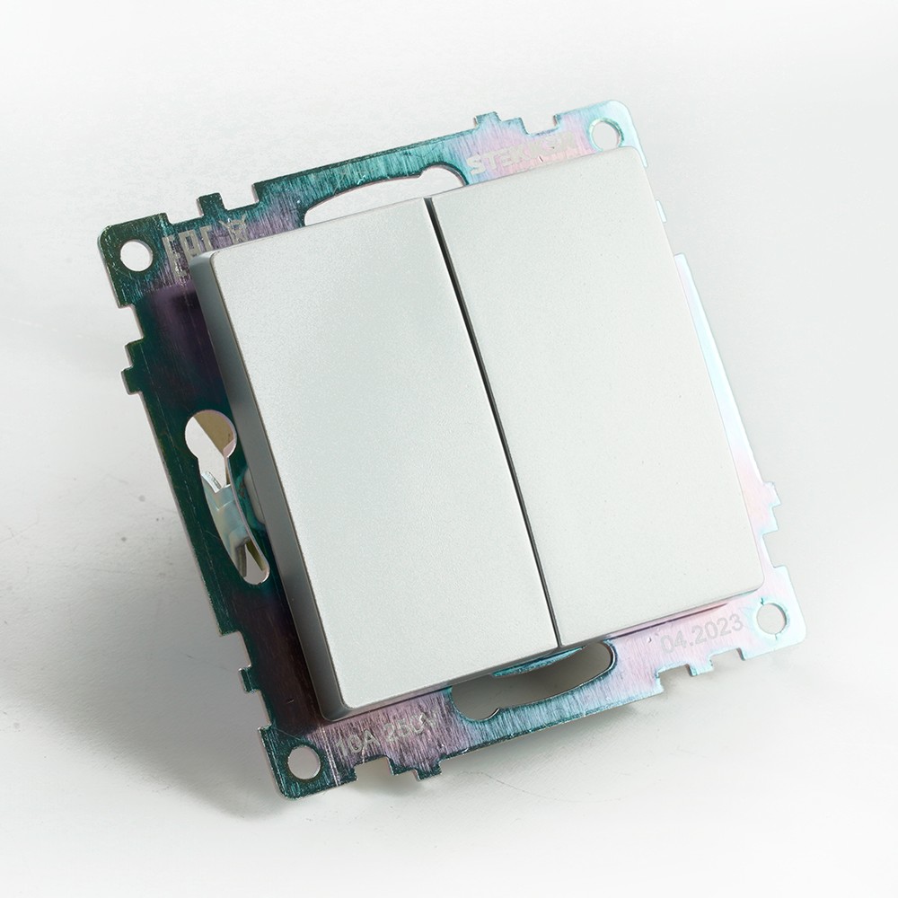 Катрин - Розетки и выключатели Stekker Переключатель 2-клавишный (механизм) STEKKER GLS10-7107-03 250V 10А Катрин серебро 49168