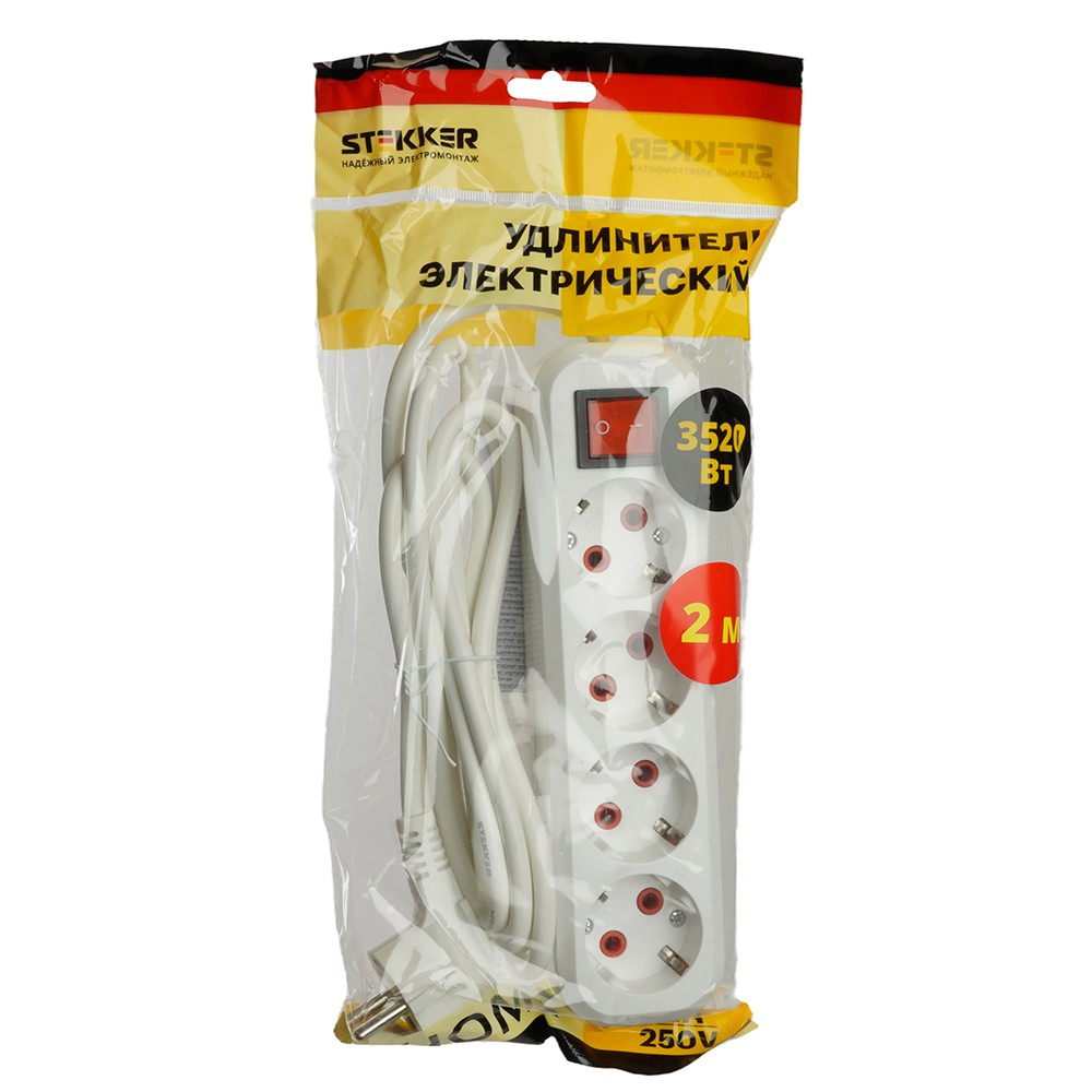 Колодки и удлинители, тройники Удлинитель STEKKER четырехместный с/з с выключ. HM07-41-02 2м Home (У16А-003) белый 49358 