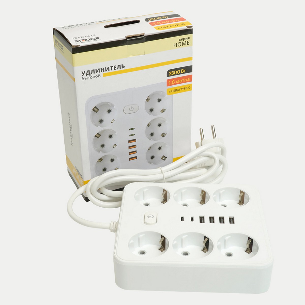 Колодки и удлинители, тройники Удлинитель STEKKER HM09-66-02 6-местный c/з 3x1 мм2 1,8 м 4USB+2Type-C 2,4А Home белый 49975 