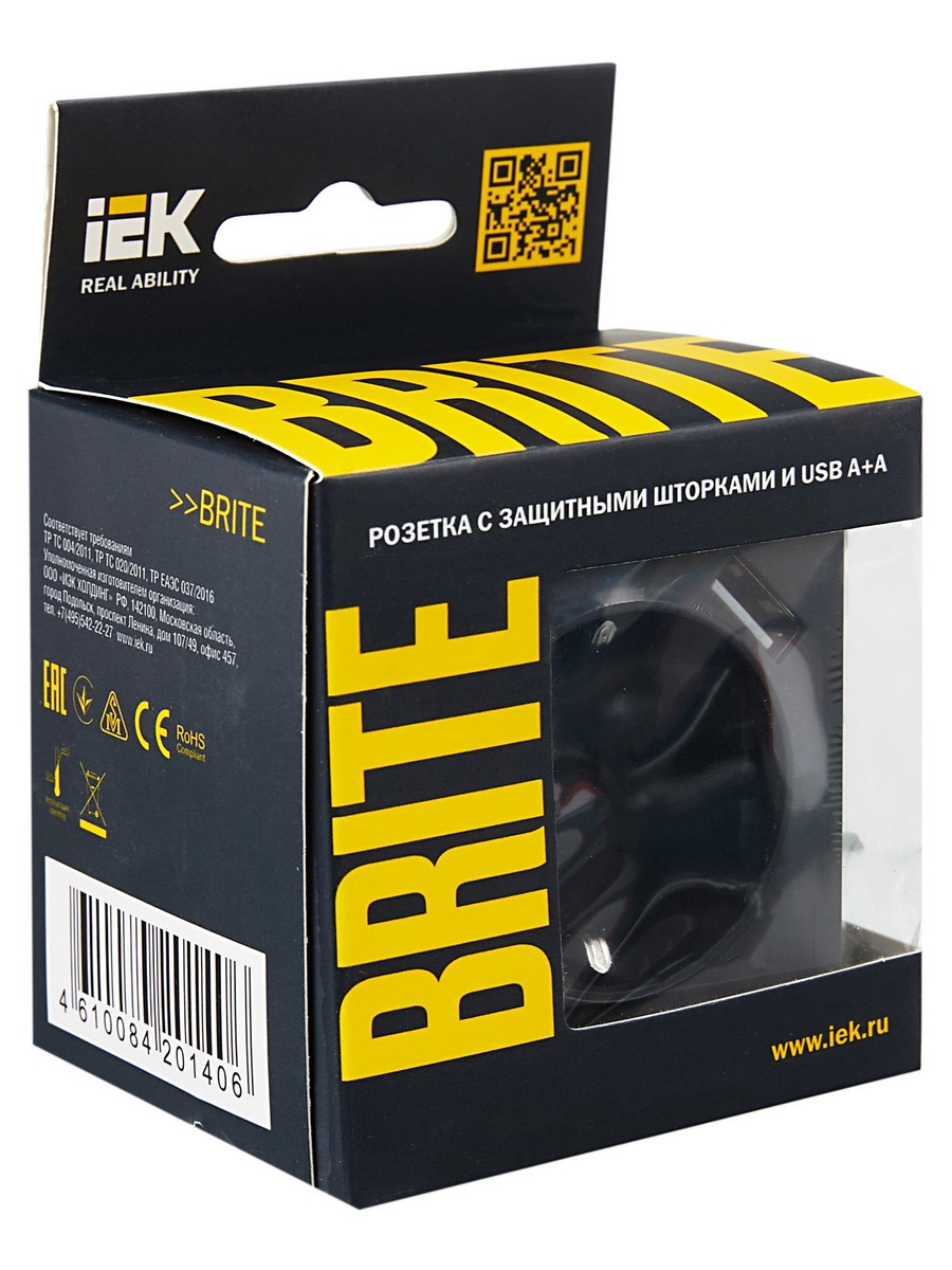 IEK Brite Графит Розетка IEK BRITE с с/з и шторками 16А с USB A+A 3,1А РЮш10-2-БрГ графит BR-R14-16-U21-D31-K53
