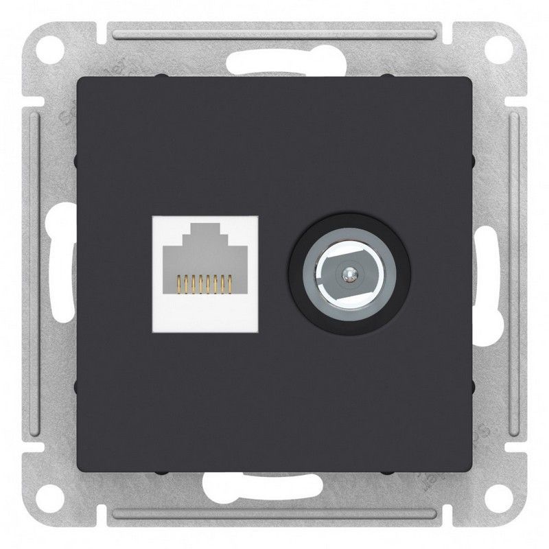 AtlasDesign Карбон Розетка комп+ТВ, Systeme Electric AtlasDesign Карбон двойная RJ45+TV, кат.5E, ATN001089