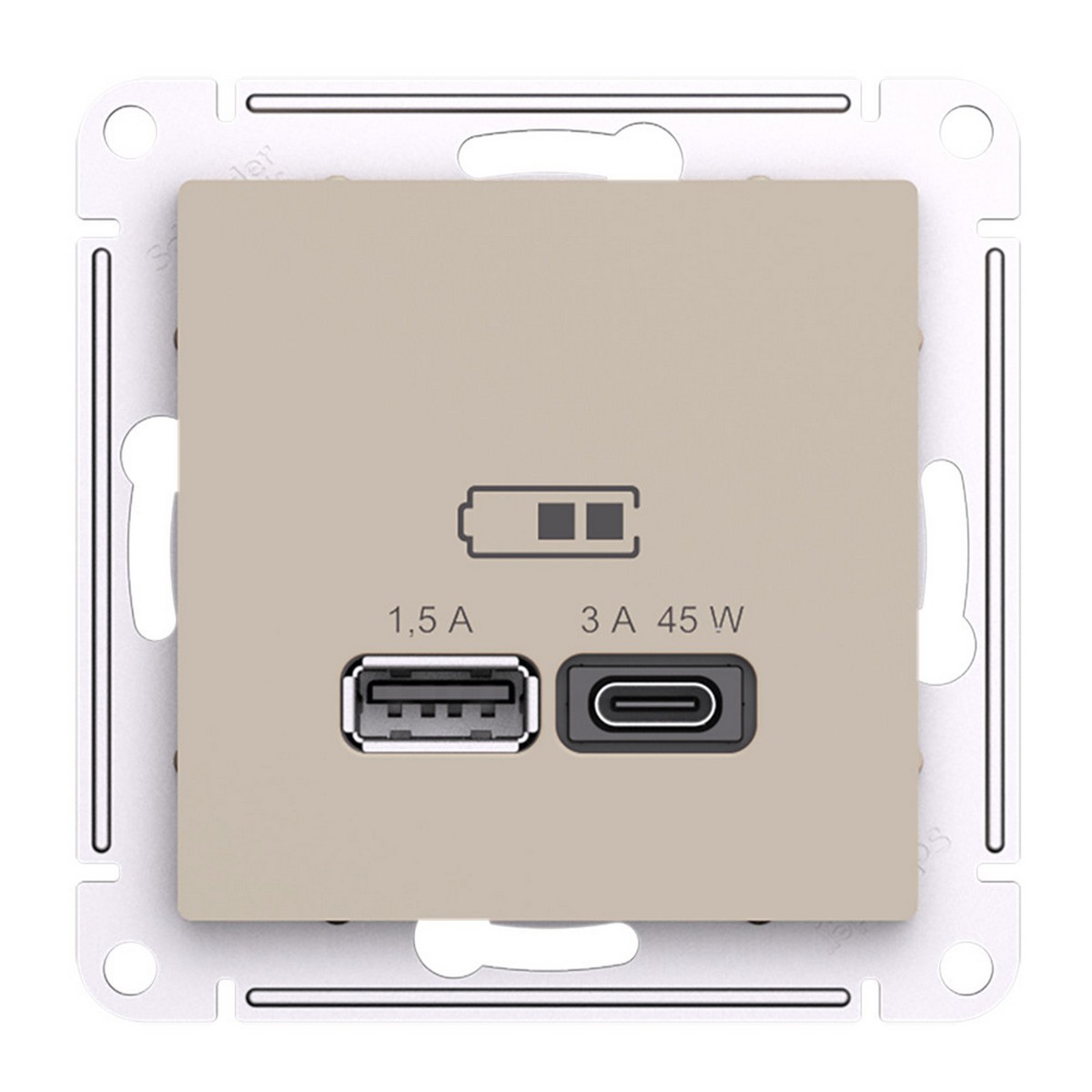 AtlasDesign Песочный Розетка Systeme Electric AtlasDesign Песочный USB A + тип-C 45Вт высокоскорзаряд QCPD ATN001229