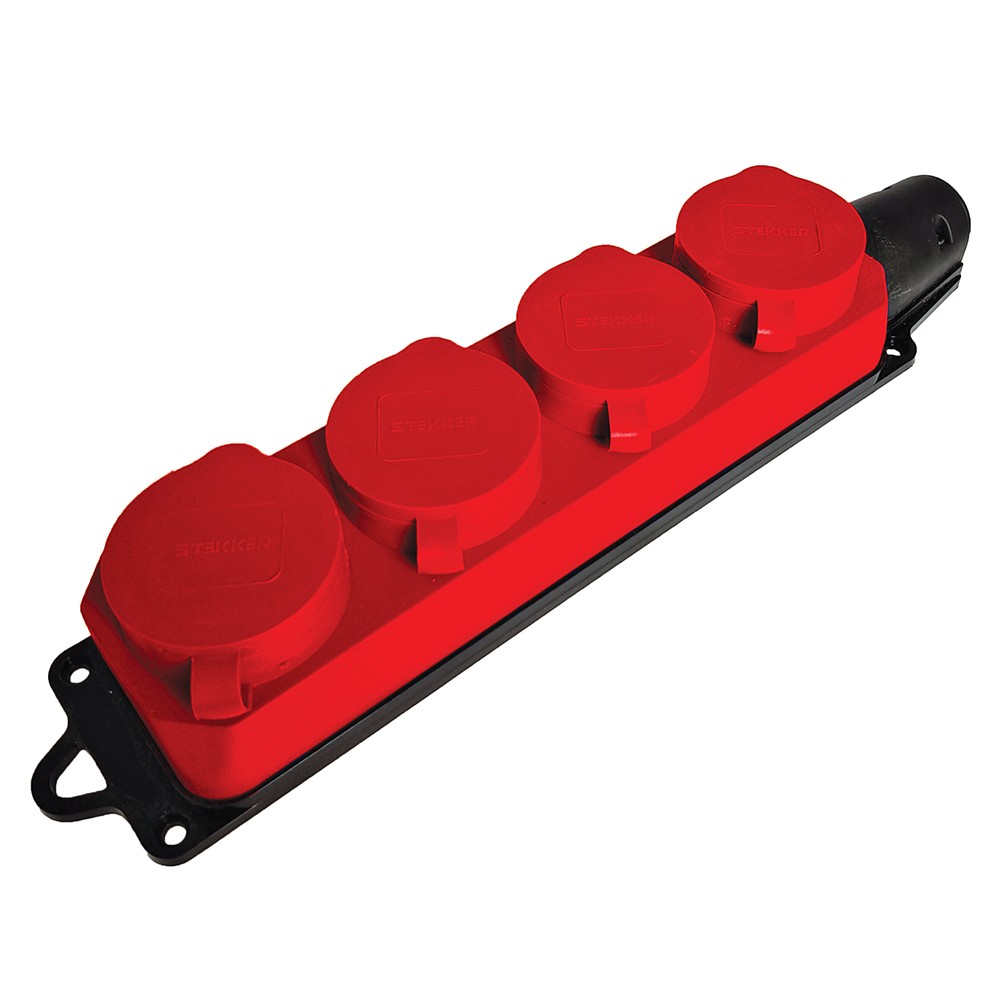 Колодки и удлинители, тройники Розетка переносная 4-местная c/з STEKKER RST16-24-44-3 каучук 250В 16А IP44 красный 49400 