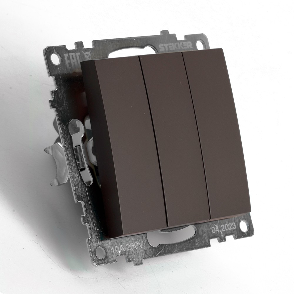 Катрин - Розетки и выключатели Stekker Выключатель 3-клавишный STEKKER GLS10-7108-04 250V 10А Катрин шоколад 49175