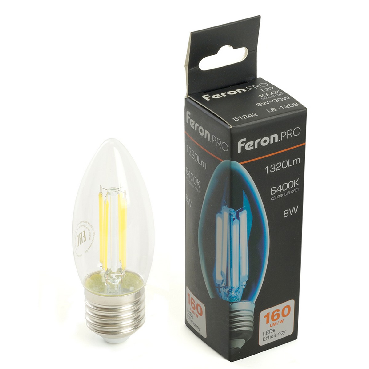E27 Лампа светодиодная Feron.PRO LB-1208 Свеча E27 8W 175-265V 6400K 51243 