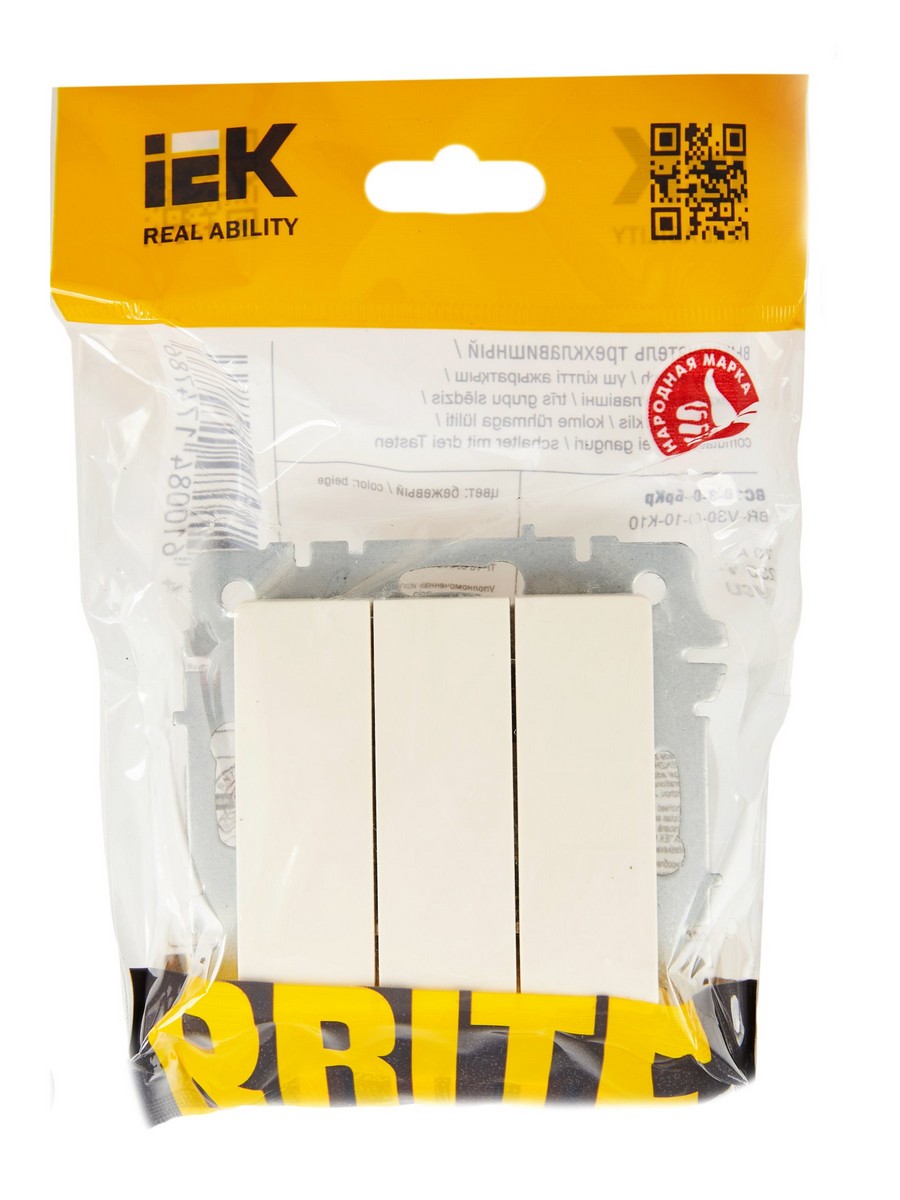 IEK Brite Бежевый Выключатель IEK BRITE 3-клавишный 10А ВС10-3-0-БрКр бежевый BR-V30-0-10-K10