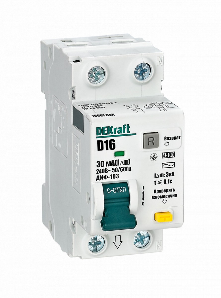 DEKraft Дифференциальный автомат (АВДТ) Dekraft 1Р+N 16А 30мА AC D ДИФ-103 4.5кА 16061DEK 
