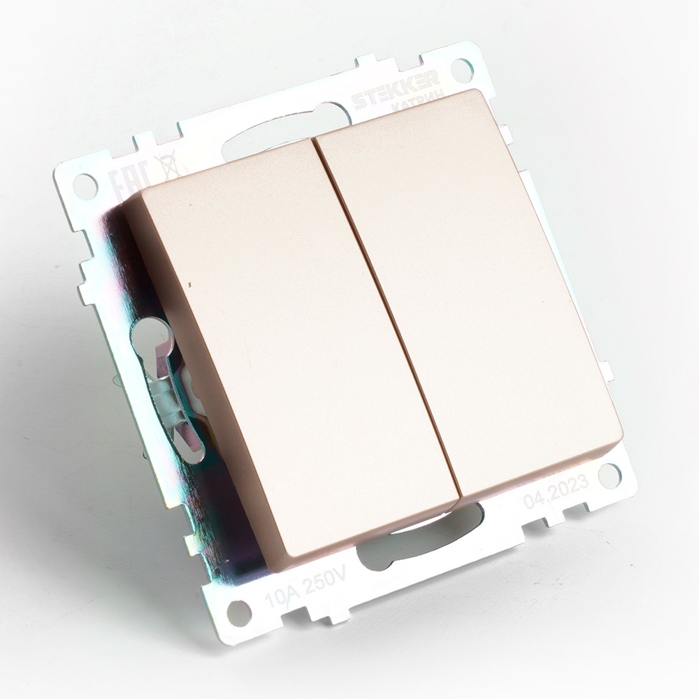 Катрин - Розетки и выключатели Stekker Переключатель 2-клавишный (механизм) STEKKER GLS10-7107-02 250V 10А Катрин шампань 49169